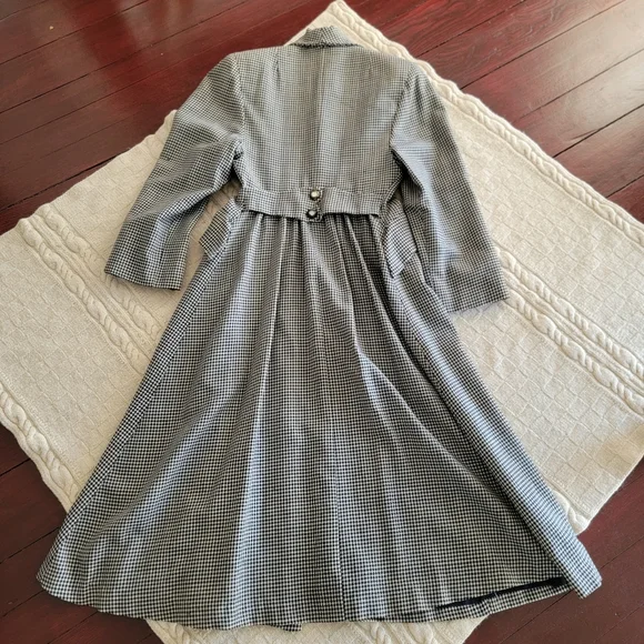 VINTAGE Micro Houndstooth Wool Long Riding Trench Coat Womens S/M Black ivory - Picture 12 of 14